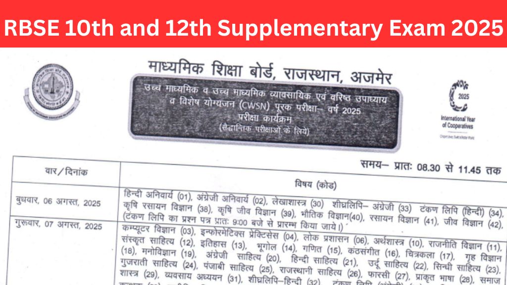 RBSE 10th and 12th Supplementary Exam 2025 Time Table