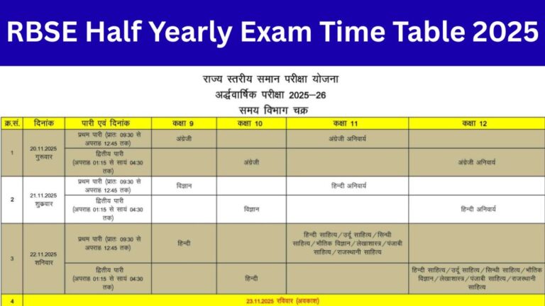 RBSE Half Yearly Exam Time Table 2025 राजस्थान अर्द्धवार्षिक परीक्षा का ...
